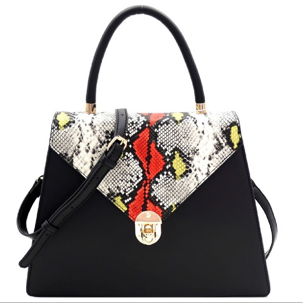 Boutique handbag black multi snakeskin